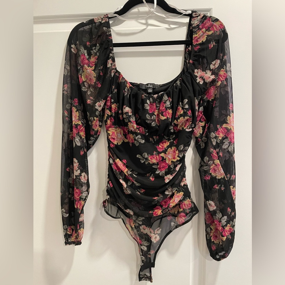 Lulu's Black Floral Mesh Bodysuit - Size Small